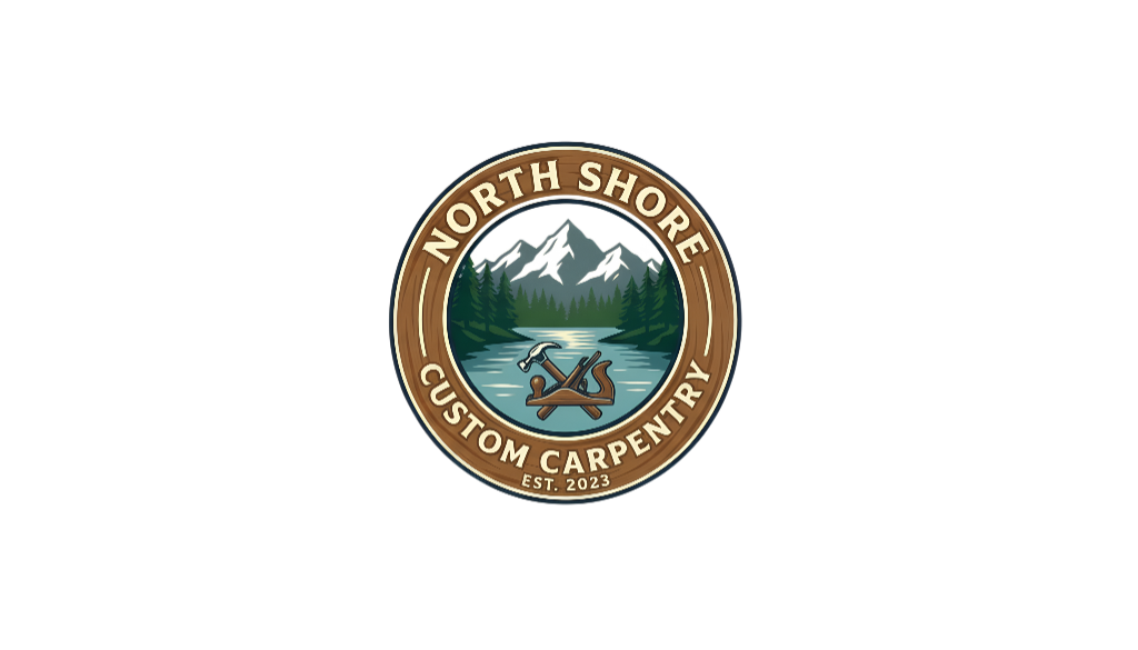 North Shore Custom Carpentry Logo - Mountains, forest and carpentry tools